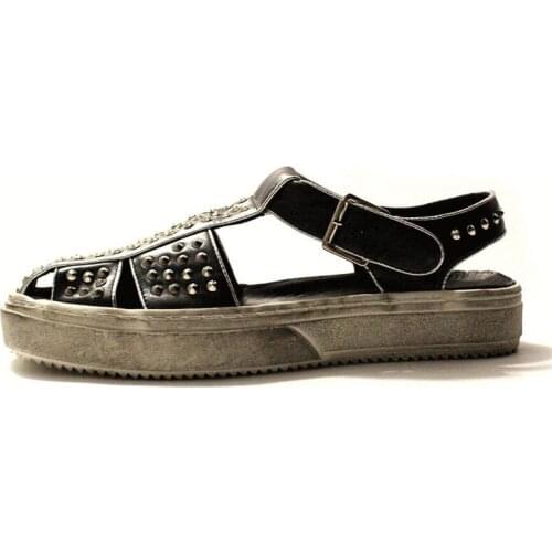 Designer Rivet Vintage White Sole Platform Shoes Male Handmade Cow Leather Gladiator Sandals Outdoor Walking Sandalias Hombre