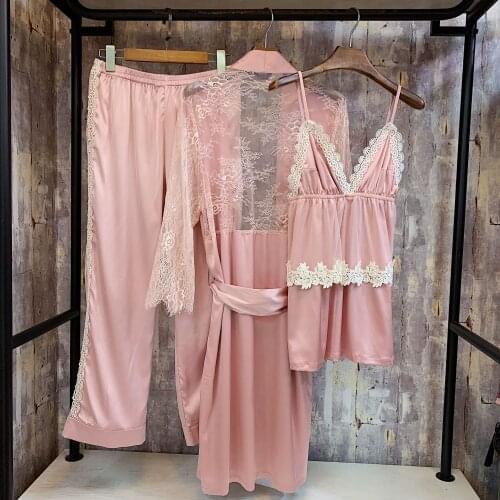 Women Pajamas sets 3pecs sets Strap Silk Pajamas Set Spring Silk Sleepwear Women 3pcs Pajamas Set Pyjamas
