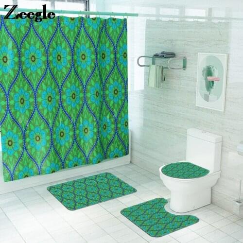 Home Decor Toilet Mat Color Grid Pattern Shower Curtain and Flannel Bath Mat Set Anti-slip U-Shaped Toilet Rug Foot Mats