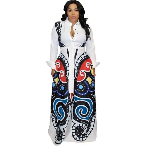 Dropshipping Spring Autumn Womens Long Sleeve Dress Wholesale High Waist Casual Turn Down Shirt Sexy Butterfly Maxi Tube