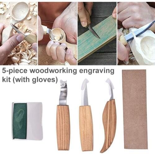 5 Pcs/Set Wood Carving Tools with Cut Resistant Gloves and Bag for Spoon Carving FP8