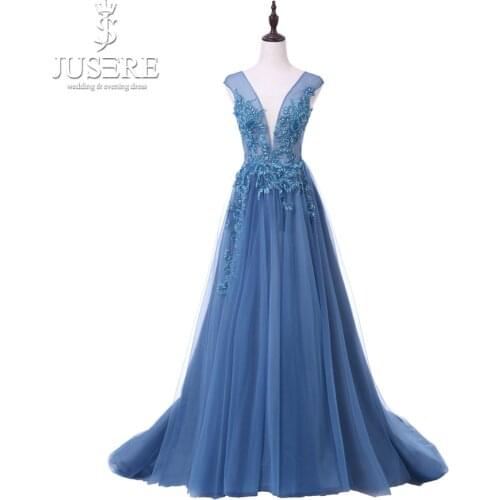 Jusere Royal Blue See Through V-Back Long Evening Dress Sexy Floor Length Prom Dresses 2018