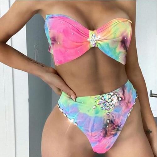 Sexy Women 2Pcs Bikini Set Tie-Dye Bowknot Rhinestone Strapless Swimsuit Push Up Padded Split Swimwear Summer Bathing Suit
