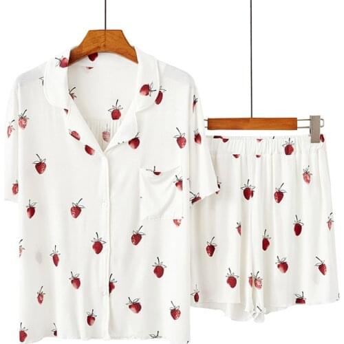 Fdfklak Women Pajama Sets Short Sleeve Turn-Down Collar Sleepwear 2PCS 2021 Summer Ladies Short-Sleeved Shorts Pyjamas Suit