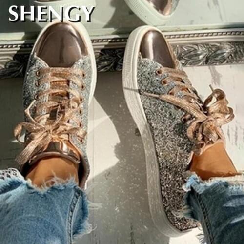 Women Fashion Spring Autumn Shoes Sneakers Casual Flat Lace-up Bling Shining Women Vulcanize Shoes 2020 New Ladies Shoes