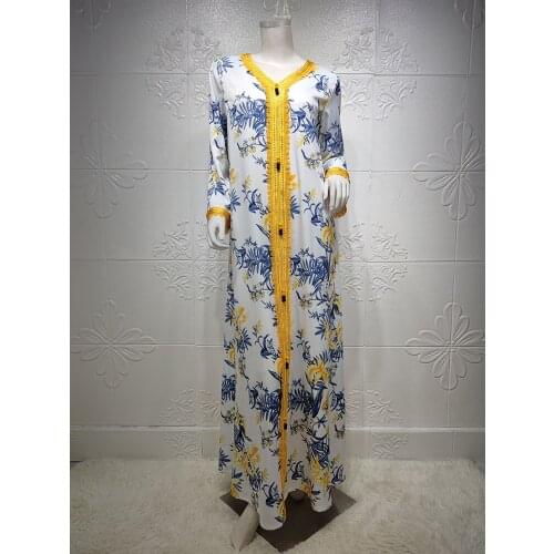Summer Muslim Abaya Dress Eid Gold Jalabiya Print Flower Mubarak Dubai Turkish Arabic Moroccan Kaftan 2021 Islamic Clothing