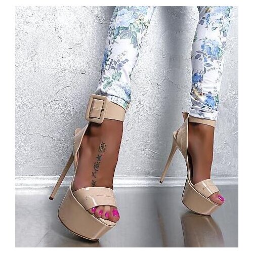 Hot Selling Beige Color Ankle Buckle 16cm Platform Women Sandals Cut-out Thin Heel Formal Party Dress shoes woman Size 34-42