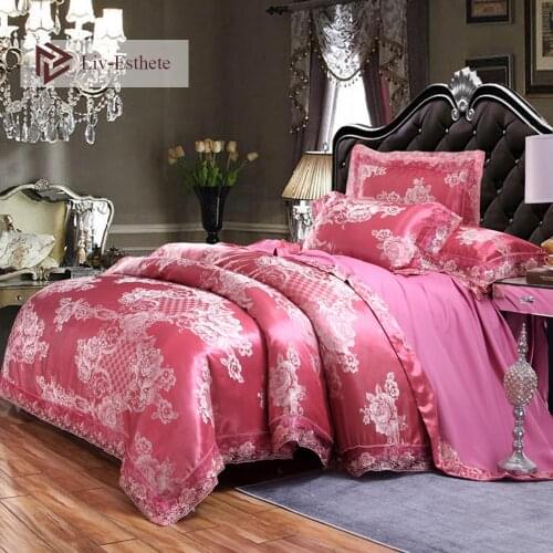 Liv-Esthete Luxury Pink Satin Jacquard European Bedding Set Lace Side Duvet Cover Flat Sheet Queen King Bed Linen For Adult