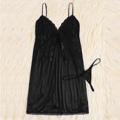 2021 New Women Plus Size Bow Nightdress Black With Thong Lingerie Set Underwear S-3xl Evening Dress Comfortable Sexy Nightwear