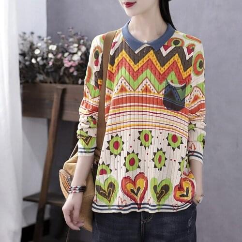 Abstract Retro 2020 Autumn Print Knitted Blusa And Tops Female Lapel Loose Sweater Womens Pullover Shirt Korean Knitwear Y114
