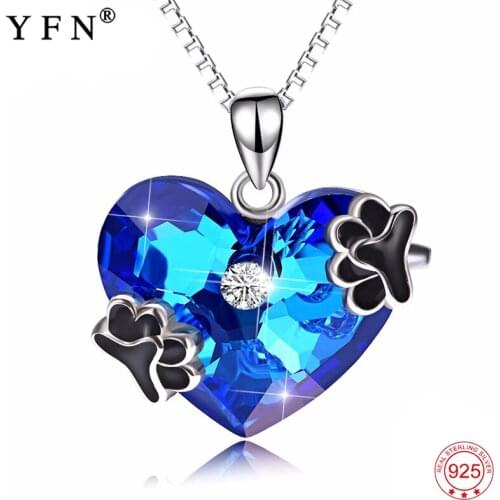 925 Sterling Silver Necklace Romantic Blue Heart Of Ocean With Cute Dog Paw Print Crystal Women Pendants Necklaces Gifts PYX0030