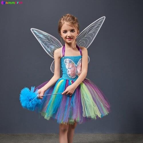 Princess Fairy Girls Butterfly Tutu Dress with Wings Elf Angel Butterfly Halloween Fancy Dresses Birthday Party Ballet Vestidos