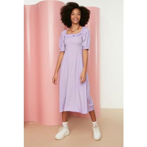 Lilac Polka Dot Dress TWOSS21EL0511 Midi A-line Square Collar Purple