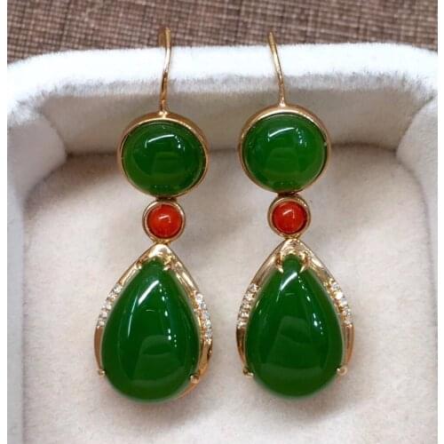18k Gold Inlaid Russian Old Earrings, Genuine Spinach Green Earrings