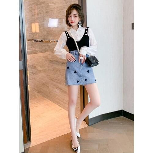 Top Quality Contrast love embroidery high waist A-Line New summer denim skirt