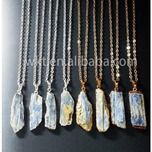 WKT Fashion necklace natural blue kyanite stone necklace gold electroplated raw kyanite randomly rectangle necklace