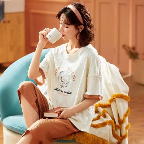 Womens Cotton Homedress Pajamas Sets Short Sleeve Calf-Length Pants Girls Nightgown Round Neck Sleepwear Casual Home Clothing