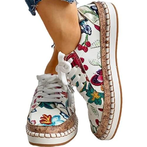 2021 Leisure Platform Chunky Female Sneakers Casual Floral Lace Up Sewing Round Toe Vulcanize Shoes Women Fashion Shoes Woman