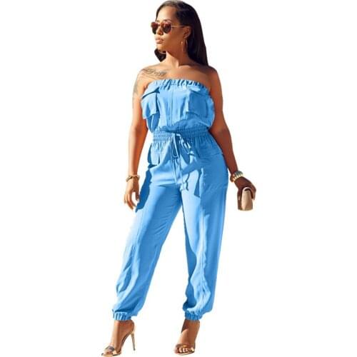 Casual Strapless Jumpsuit Women Romper Summer 2020 Sexy Sleeveless Off Shoulder Romper Pocket High Waist Party Overalls Female