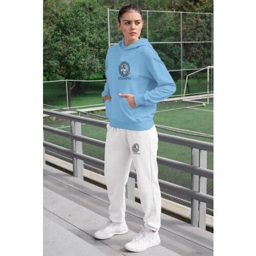 Angemiel Wear Olympia Lightning Scorer Zeus Women Tracksuit Set Blue Hooded Sweatshirt White Sweatpants