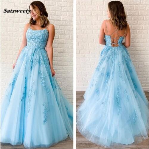 Satsweety Double Spaghetti Straps Tulle Prom Evening Dresses Lace Up with Crystals Appliques A Line Formal Party Gowns for Women