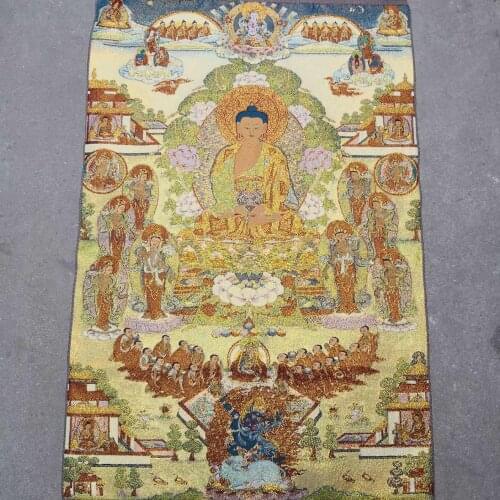35" Thangka embroidery Tibetan Buddhism silk embroidery brocade Nepal Big Day Tathagata Statue Worship of Ten Thousand Buddhas