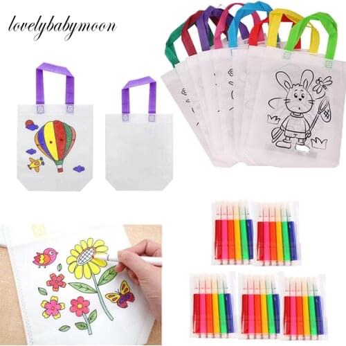 5 Sets DIY Graffiti Bag with Markers Handmade Painting Non-Woven Bag for Children Arts Crafts Color Filling Drawing Toy Kid Gift