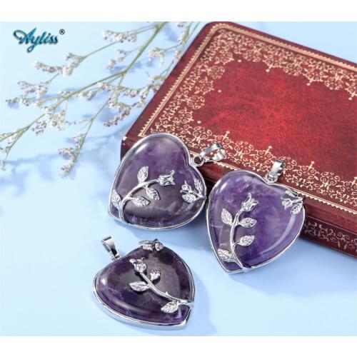 Ayliss Natural Stone Pendant Purple Crystal Heart Pendant Necklace With Copper Flower Pendant Necklace Jewelry Birthday Gift