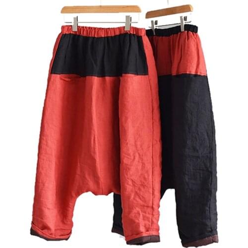 Ramie Padded Trousers Women Thick Warm Fluid Big Crotch Trousers Chinese Style Baggy Vintage Cotton Linen Cross-pants Bloomers