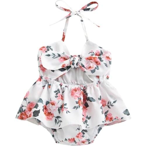Baby Floral Print Short Romper, Girls Sleeveless Hollow Out Sling Jumpsuit with Bow-knot for Summer