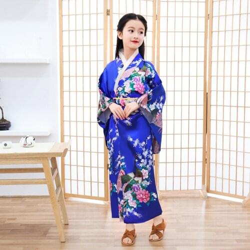Blue Child Novelty Cosplay Floaral Dress Japanese Baby Girl Kimono Dress Children Vintage Yukata Kid Girl Dance Costumes
