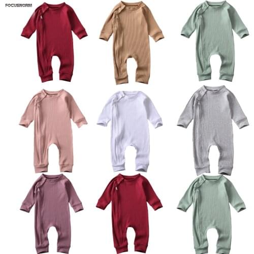 FOCUSNORM 0-24M Autumn Kids Girls Boys Romper Long Sleeve Zipper Solid Cotton Jumpsuits 7 Colors