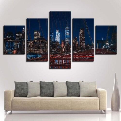 Pictures Artworks Modular Framed Prints 5 Pieces City Building Night View Canvas Painting Modern Home Living Room Wall Art Decor