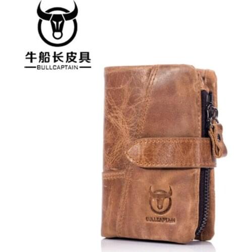 BULLCAPTAIN Trifold Hasp Zipper Short Wallets for Men Cow Leather casual Wallet Money Purse Bag Card Holder Coin Pocket 2 color