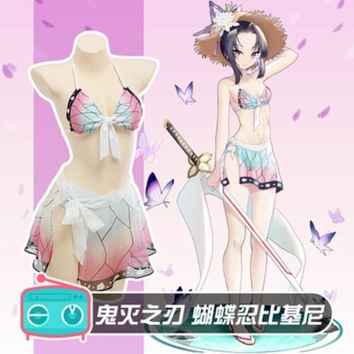 Anime Demon Slayer Cosplay Kamado Tanjirou Kochou Shinobu Cosplay Costume Sexy Bikini Swimsuit Suit Outfits