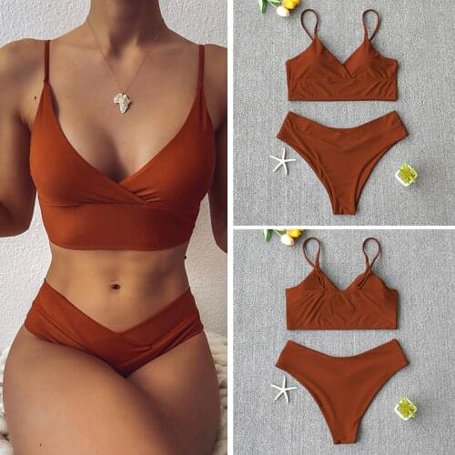 Summer Sexy Swimsuit Women Solid Color Bikini V-Neck Swimwear Vest Bathing Suit Split Two Piece Swim Suit Female