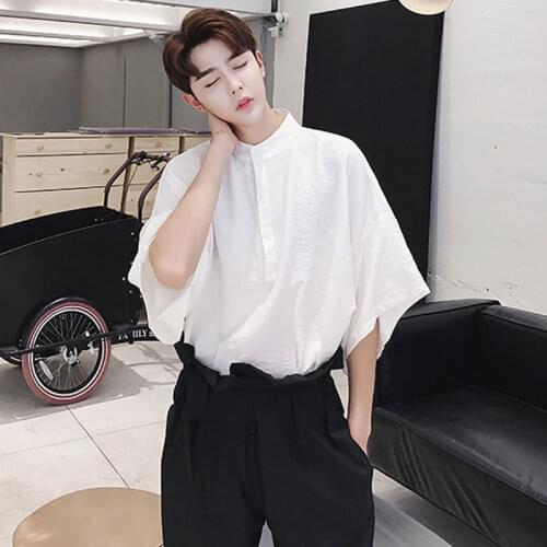 Homens Soltos Casual Camisas do Pulôver Harajuku Rua Moda Masculina Gola Meia Manga Branco Preto Camiseta