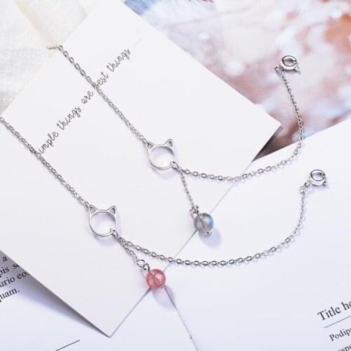 New Fashion Temperament Cute Animal 925 Sterling Silver Jewelry Hollow Cat Strawberry Crystal Gift Bracelets SB112