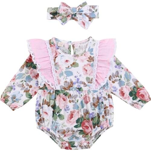 New Baby Girl’s Casual Long Sleeve Romper Fashion Flower Ruffle Triangle Jumpsuits and Headband
