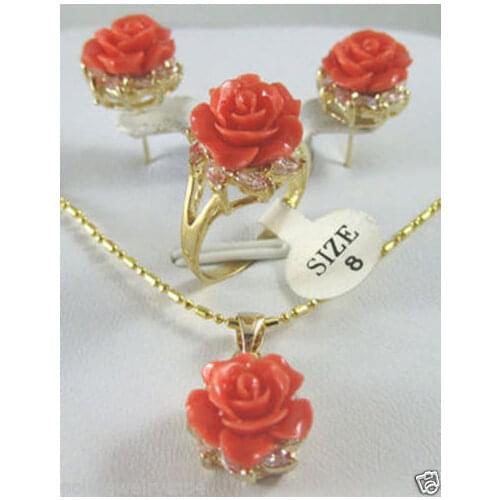 Wholesale good New Jewelry tibet Rose coral flower Pendant Earring Ring set 18 inch Genuine Lucky Ladys jewelry Fine Wom