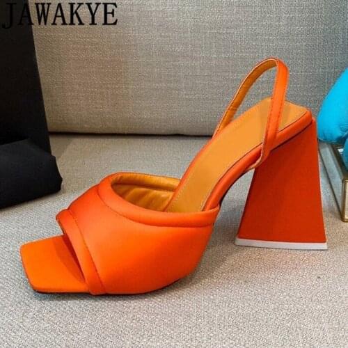 Summer Square open toe Chunky High-heel Sandals Woman Orange Satin Gladiator Sandals Fashion Week Luxury Brand Sandals Mujer