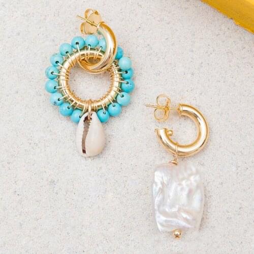 TARRA EARRINGS Turquoise beads Cowrie shell C gold plated hoop Freshwater pearls women earring