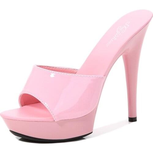 2021 New Summer Sex Ladies Slides Patent Leather PU Thin Heels Super High Korean Style Fashion Womens Slippers Heel Height 13cm