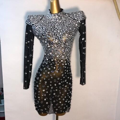 Bright Silver Rhinestones Long Sleeves Dress Sexy Stretch Transparent Costume Evening Celebrate Dresses Birthday Collections