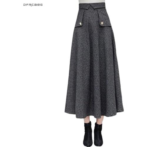 High Waist Plaid Womens Warm Wool Maxi Skirts Winter Elegant Female Woolen A-Line Skirt Casual Ladies Saia Longa