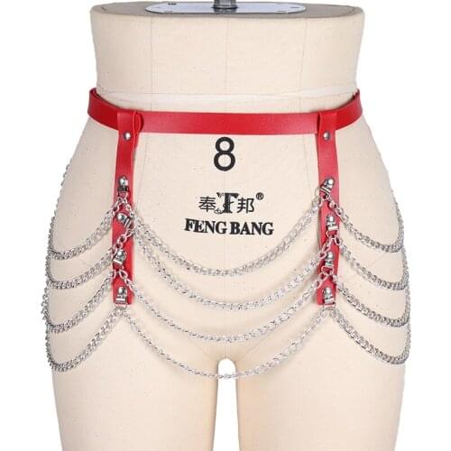 Womens Sexy Leather Harness Short Skirt Water Wave Wrapped Hip Metal Chain Skirt Fashion Trend Female Leg Garter Belt Club Orgy