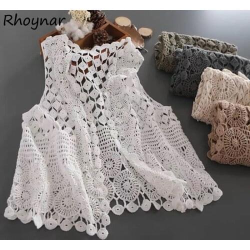 Vests Women Hollow Out Solid Harajuku Retro Leisure All-match Summer Knitted Streetwear Simple Open-stitch Art Outwear Female