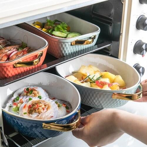 Golden Side Baking Tray Rectangle Oval Ceramic Glaze Baking Pan Barbecue Salad Plate Oven Kitchen Bableware