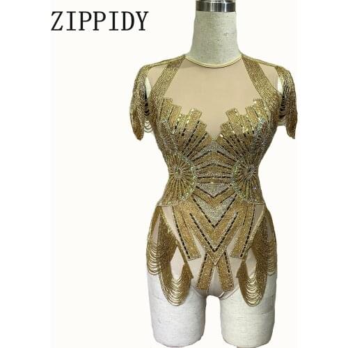 Gold Chains Rhinestones Design Bodysuit Women Singer Crystals Outfit Stage Wear Birthday Celebrate Bar Nightclub Dance Wear