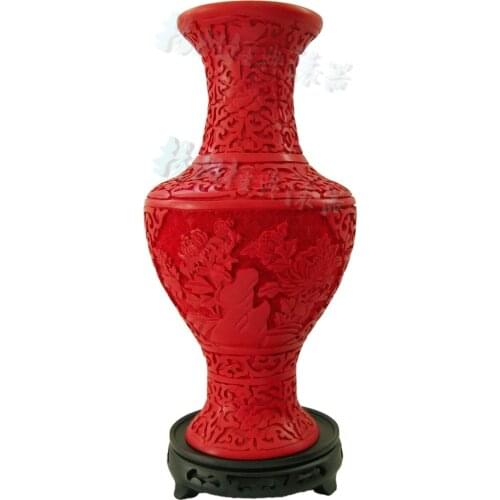 12 inch / Exquisite Chinese Classical Traditional Technology Red Lacquerware Flower Bird Designs Auspicious Vase No.5